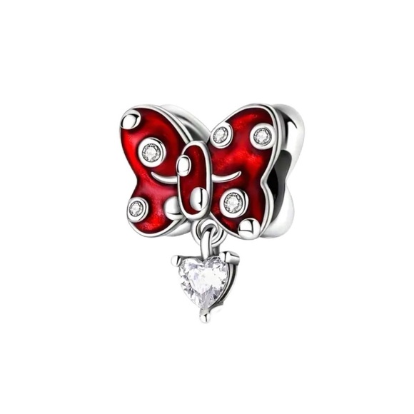 Jewelry - S925 Sterling Silver Disney Inspired Minnie Red Bow Charm with CZ Accents - NWT